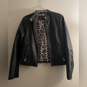 Black Rivet Women’s Leather Jacket Leopard Print Zip Silver Zipper Stretchy